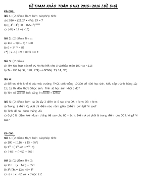 Đề tham khảo HK 1 Toán 6 2015-2016 (Đề 5 + 6 )